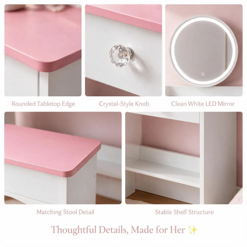 Wooden LED Vanity Desk Set With Mirror And Storage Stool