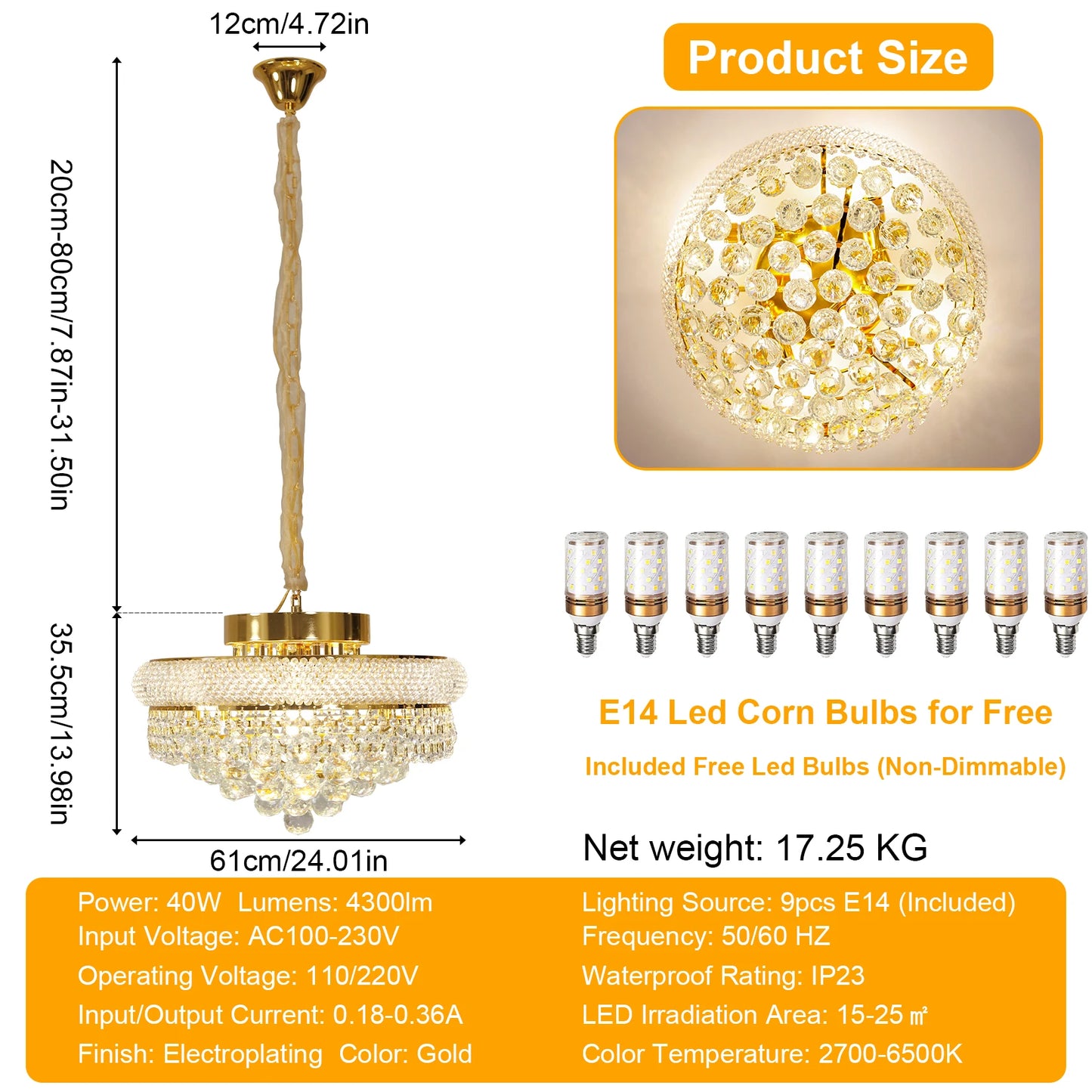 Vrygle Gold Crystal Chandelier Pendant Light With Adjustable Chain