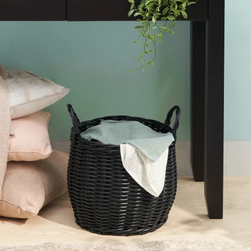 Round Resin Woven Wicker Storage Basket With Durable Handles