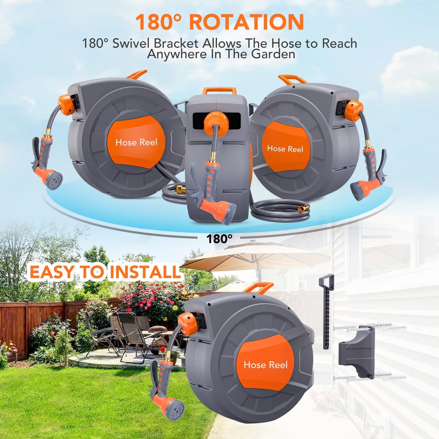 HiMISS Wall Mount Retractable Garden Hose Reel With Auto Rewind