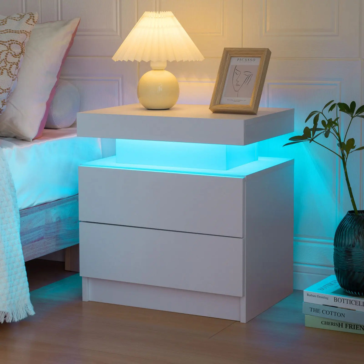 Cubehom Wooden Led Nightstand With Two Drawers And Rgb Lights