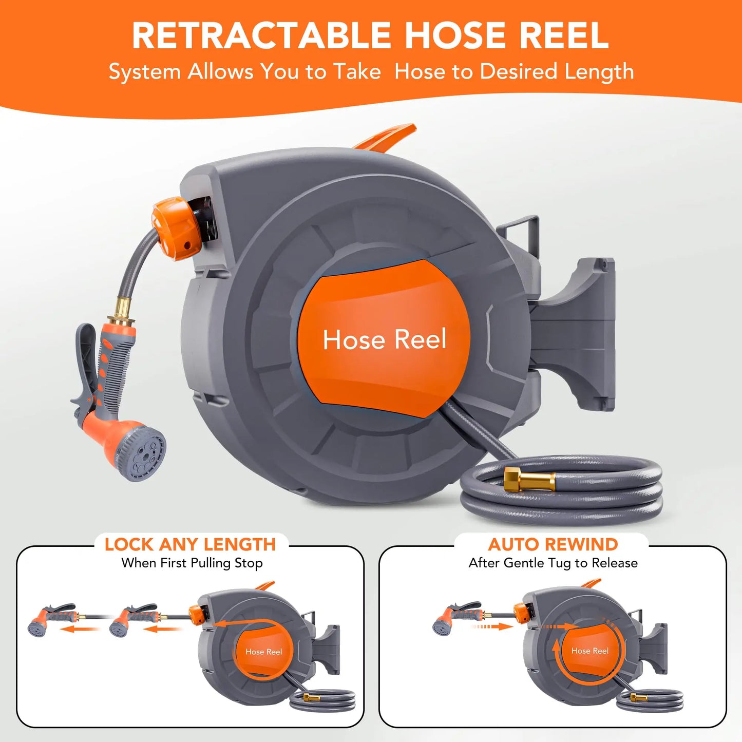 HiMISS Wall Mount Retractable Garden Hose Reel With Auto Rewind