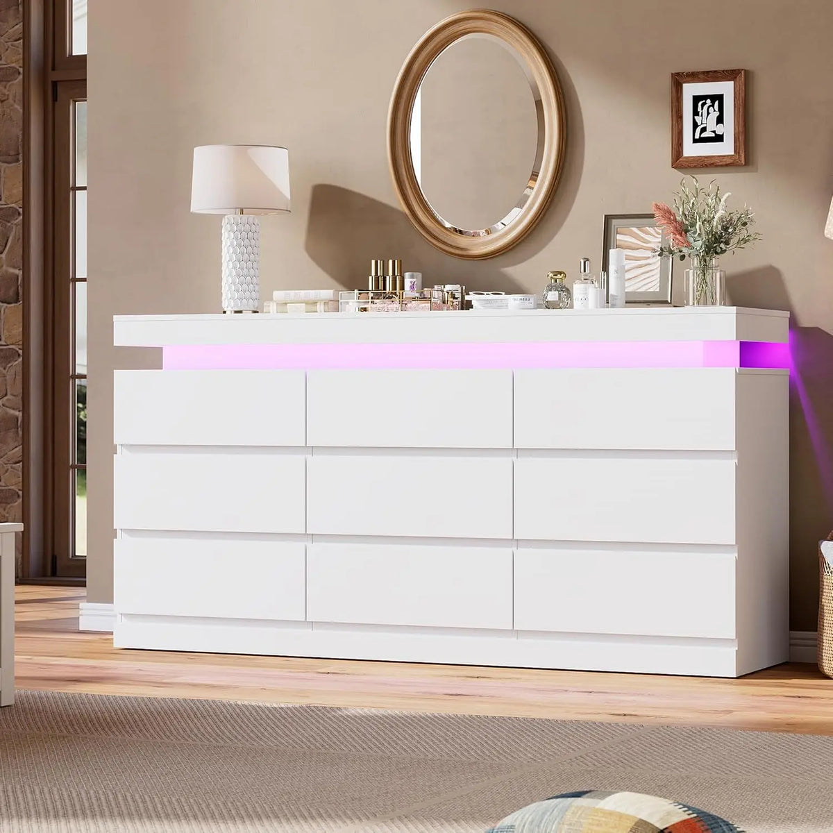 Acekool 9 Drawer Wooden Dresser With Led Lights And Charging Station