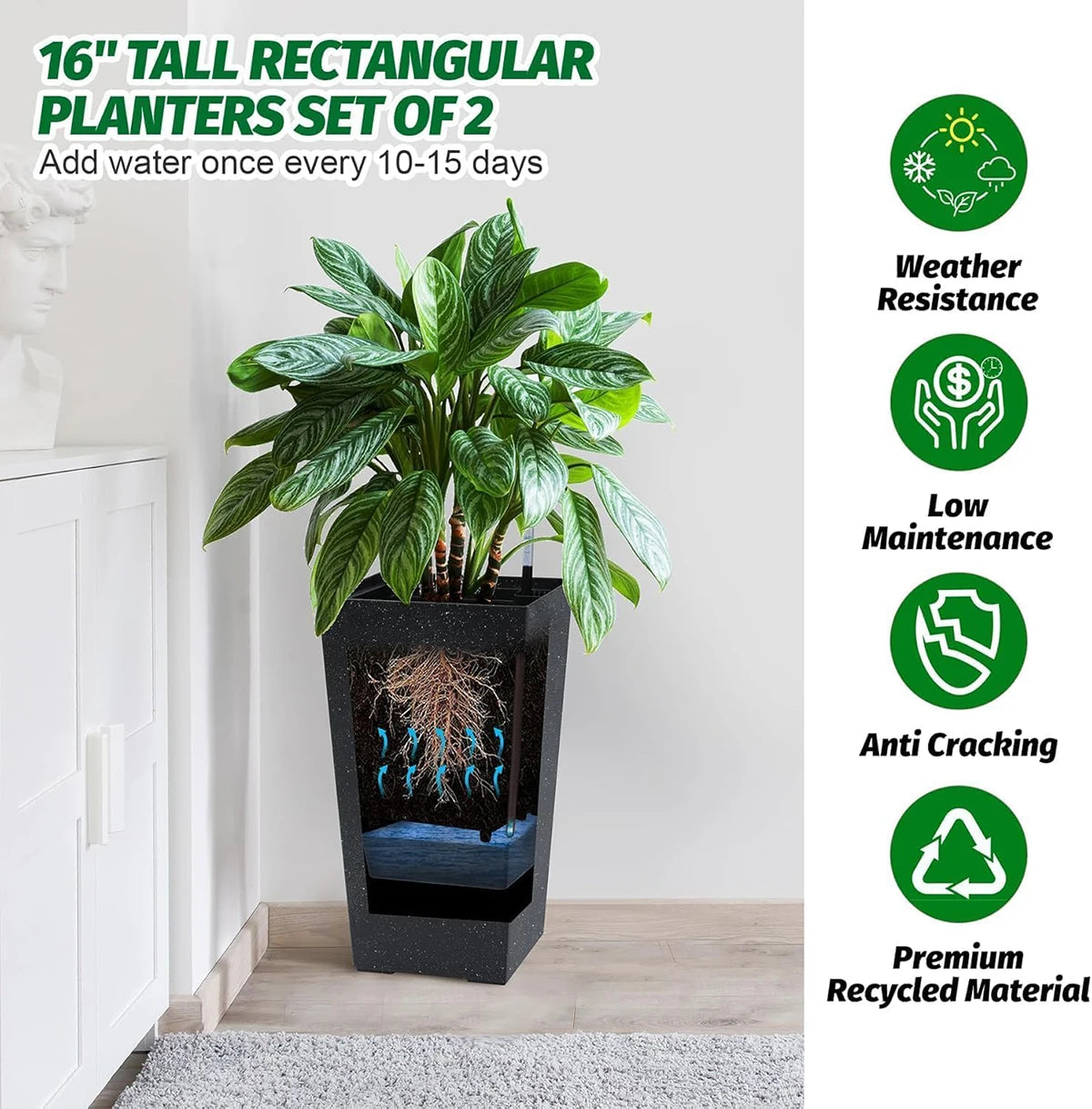 Twister.Ck Rectangular Planters With Drainage Water Monitor For Indoor Outdoor