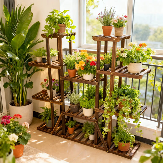 11-Tier Carbonized Wood Plant Stand For Indoor Outdoor Use