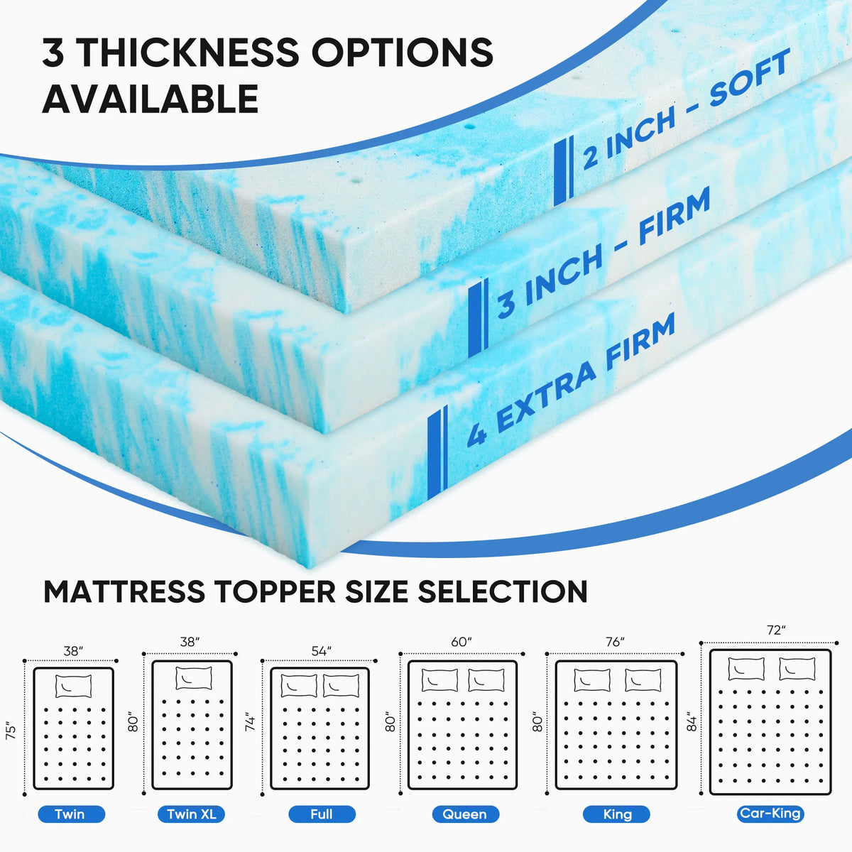JHK Gel Memory Foam Mattress Topper Cooling Comfort Bed