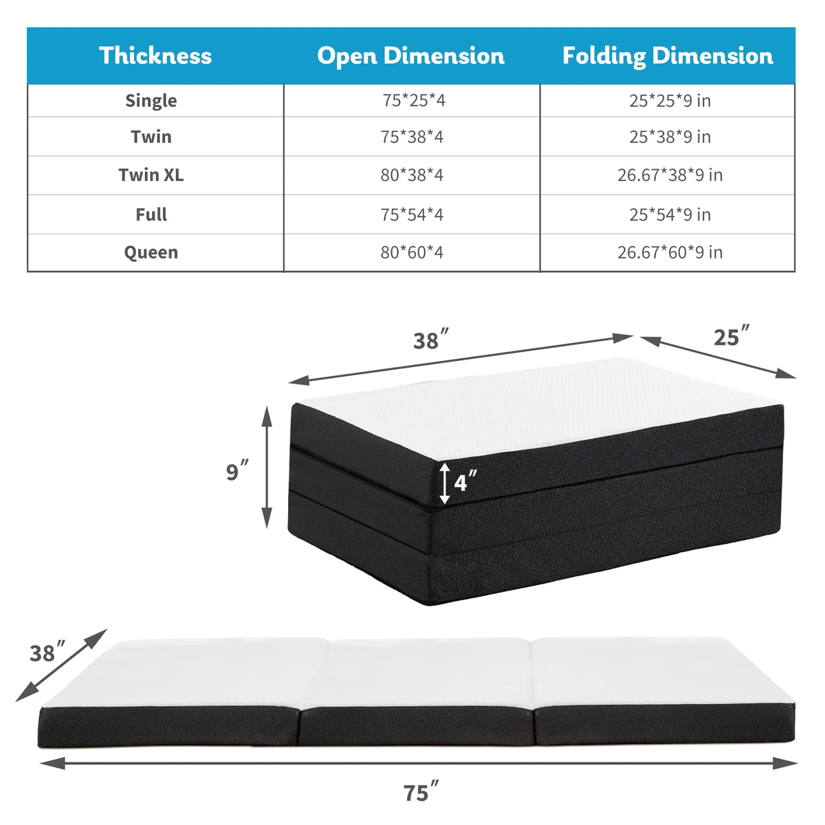JHK Trifold Memory Foam Mattress With Washable Cover