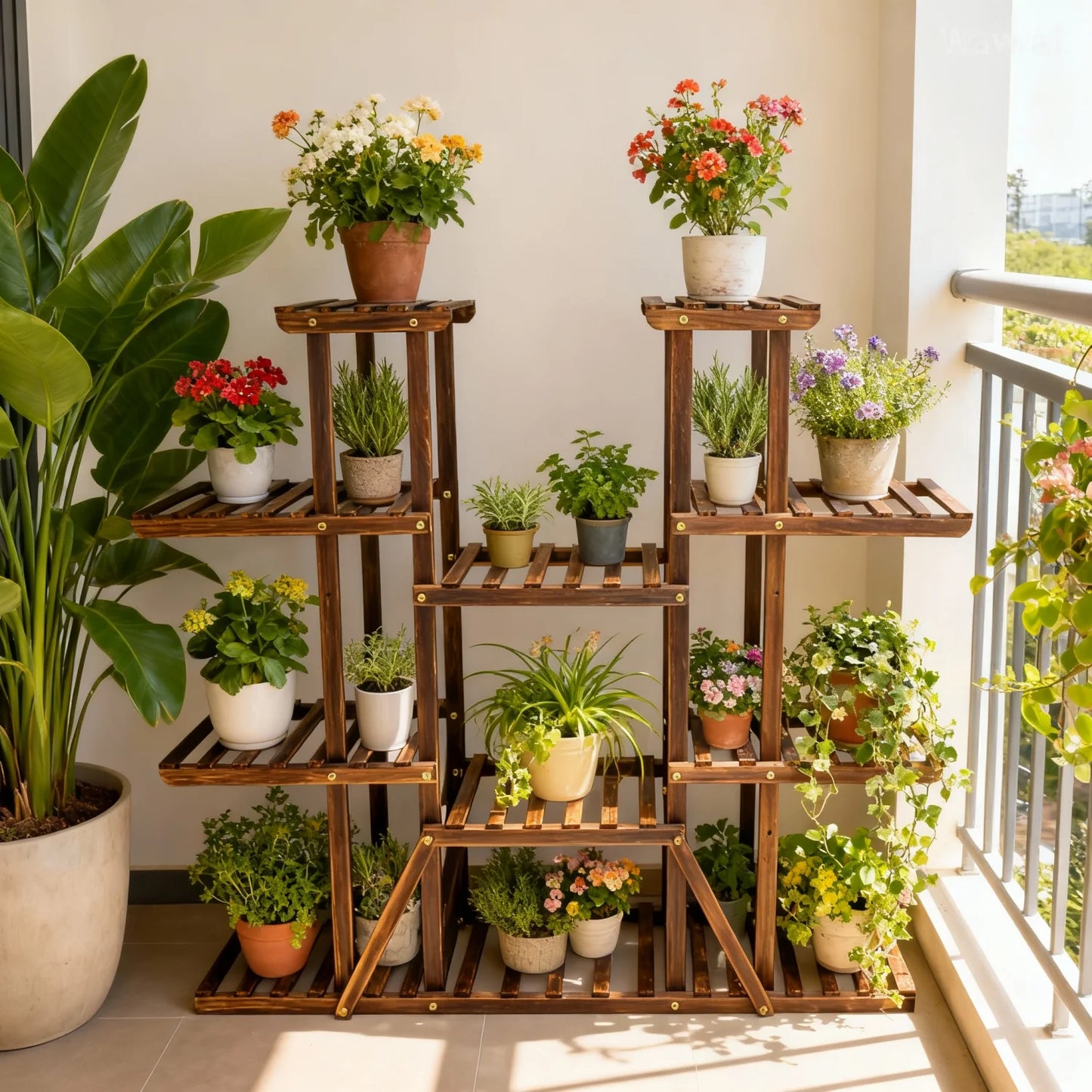 11-Tier Carbonized Wood Plant Stand For Indoor Outdoor Use