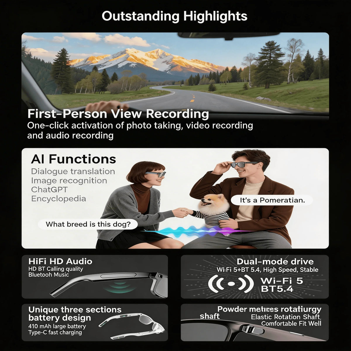W&O AI Camera Glasses With Real Time Translation And Audio