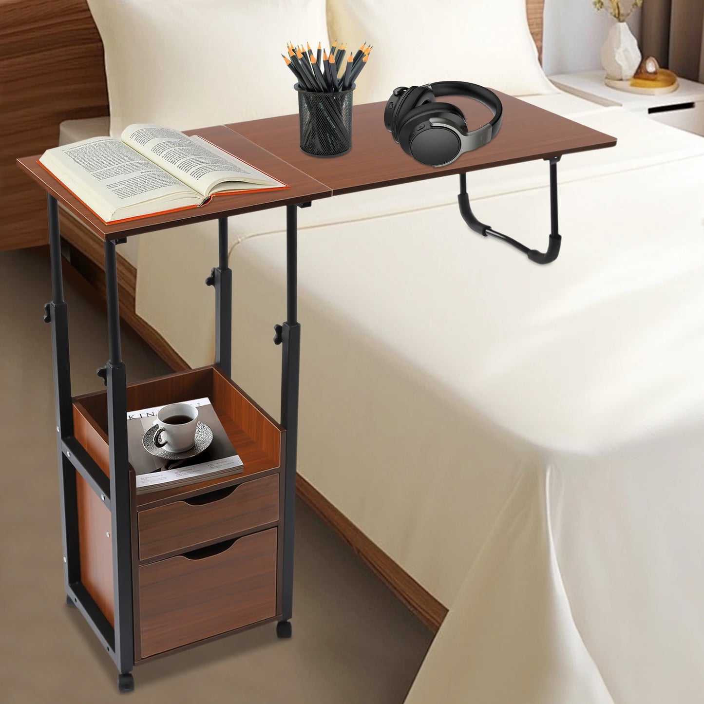 Bymaocar Foldable Laptop Desk With Wheels Bedside Height Adjustment