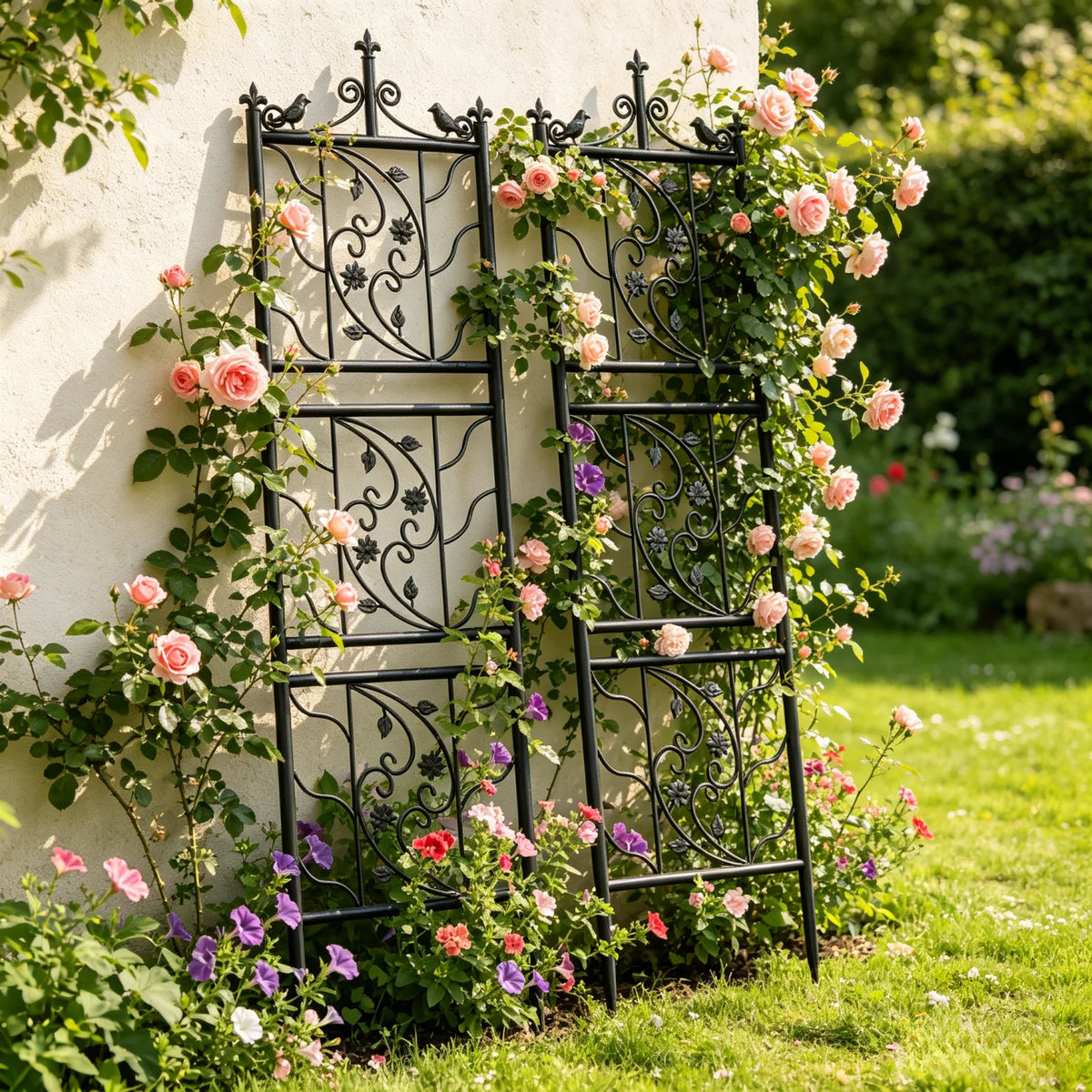 Tall Thick Metal Garden Trellis Bird Leaf Grid Climbing Support