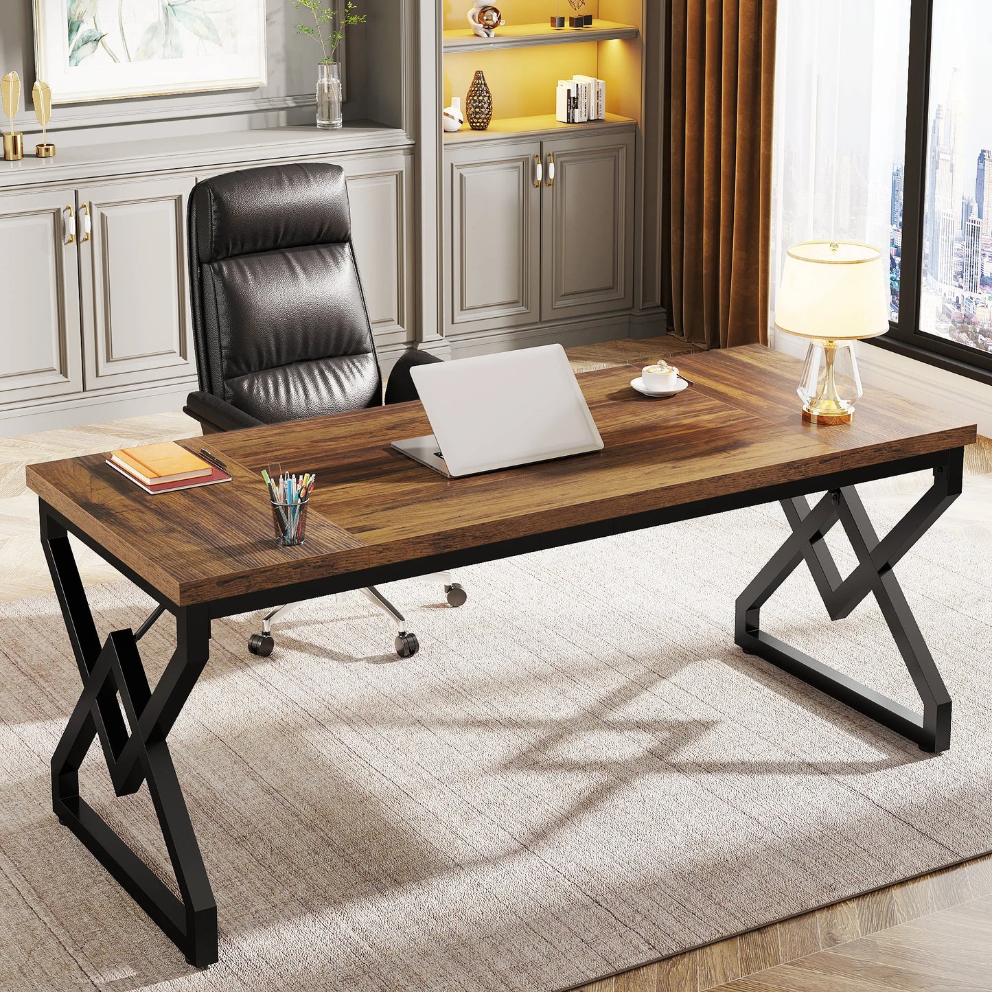 Tribesigns Industrial Executive Desk With Thick Tabletop And Metal Frame