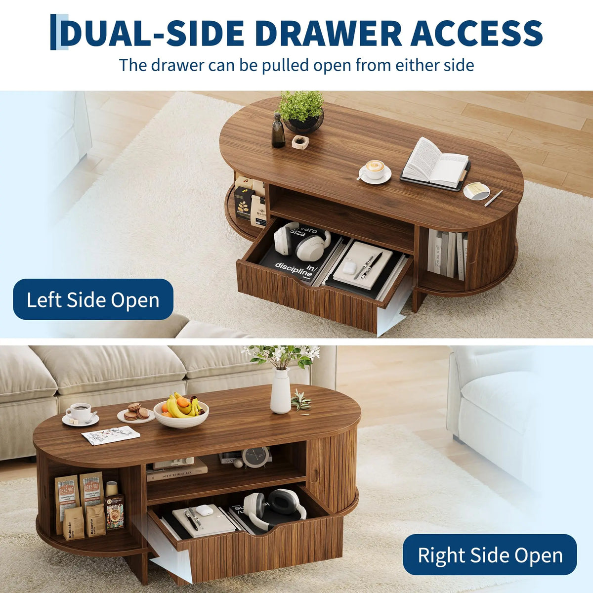 HiMISS Modern Fluted Oval Coffee Table With Storage Drawer And Cabinet