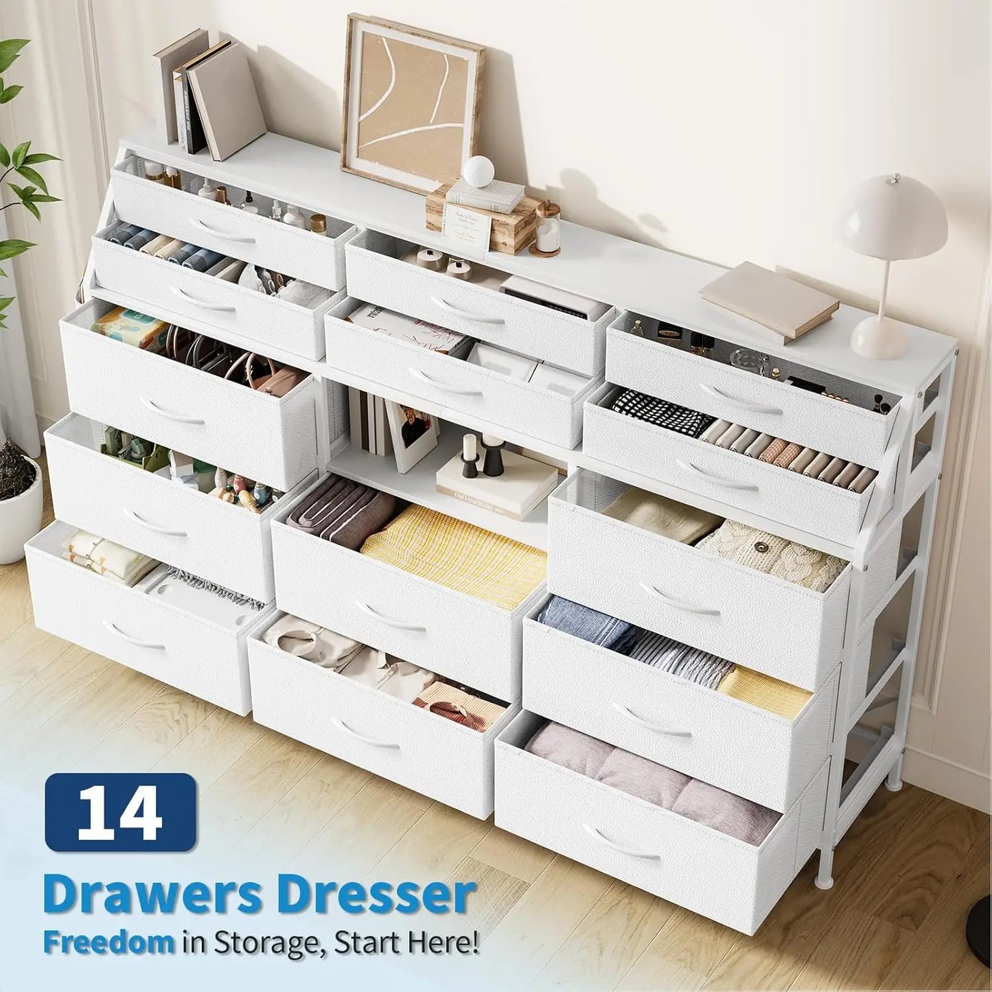 TWISTER.CK 14 Drawer Dresser With Fabric Chest And Wood Top