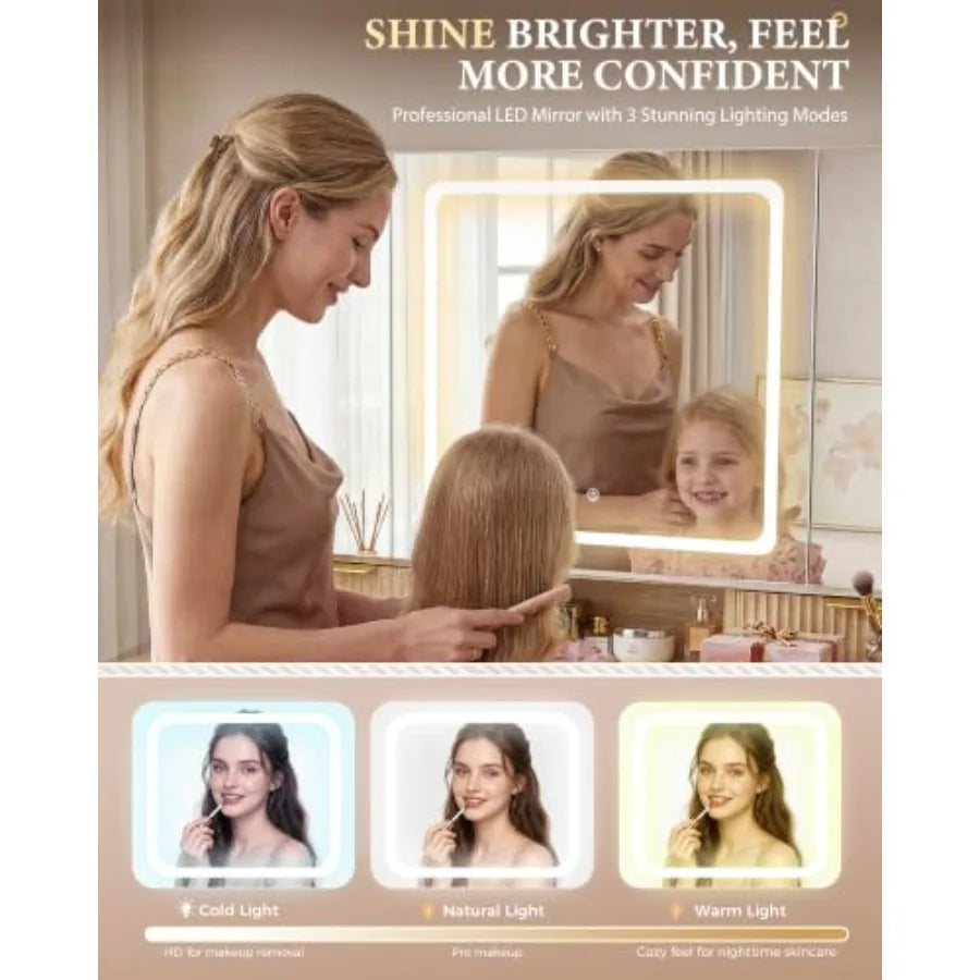 Vanity Desk With 3-Way Mirror And Lights 6 Drawers