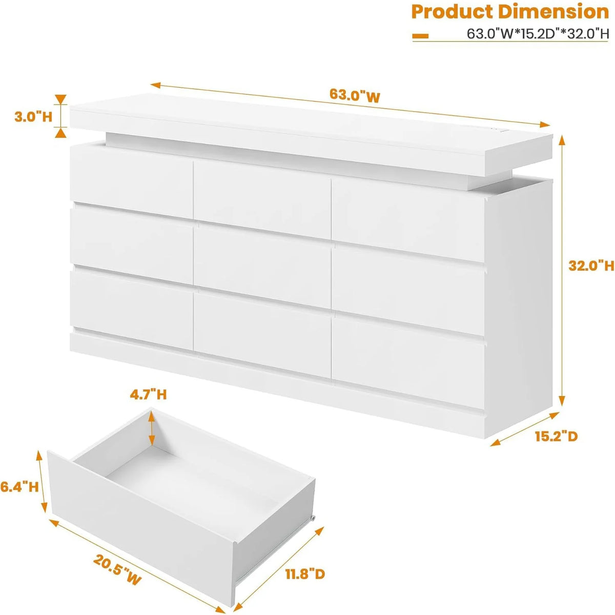 Acekool 9 Drawer Wooden Dresser With Led Lights And Charging Station