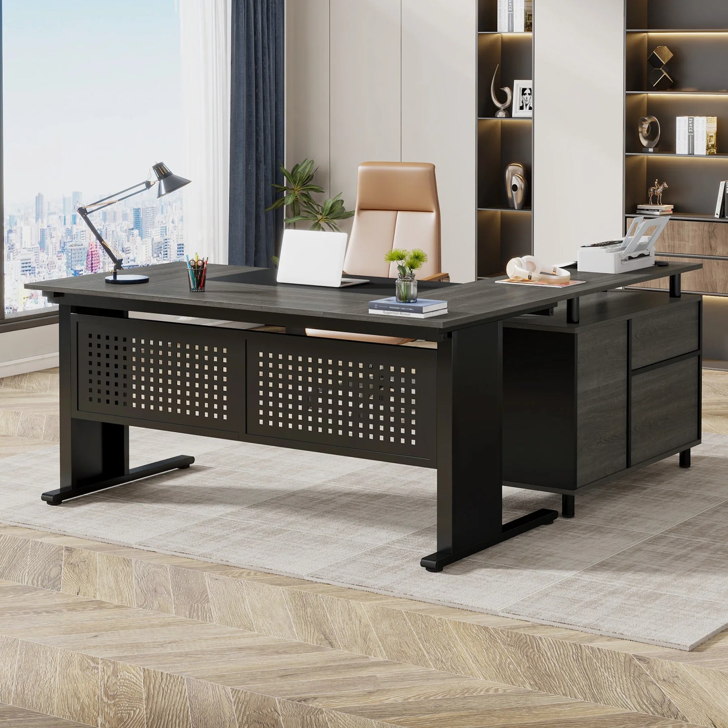 Tribesigns L Shaped Executive Desk With File Cabinet
