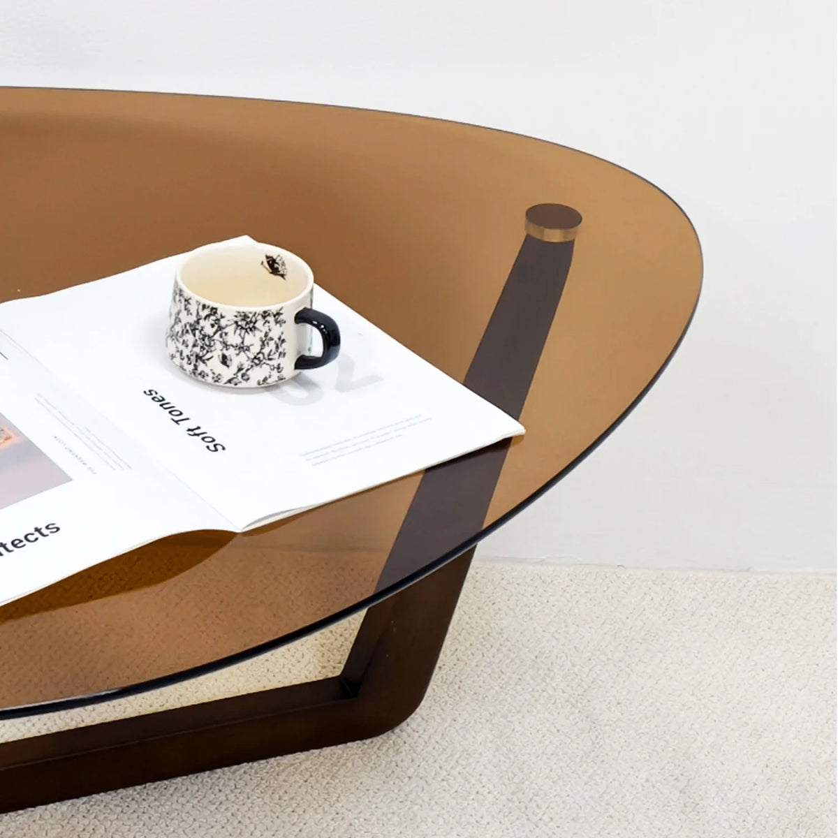Triangular Tempered Glass Coffee Table With Sculptural Wood Base