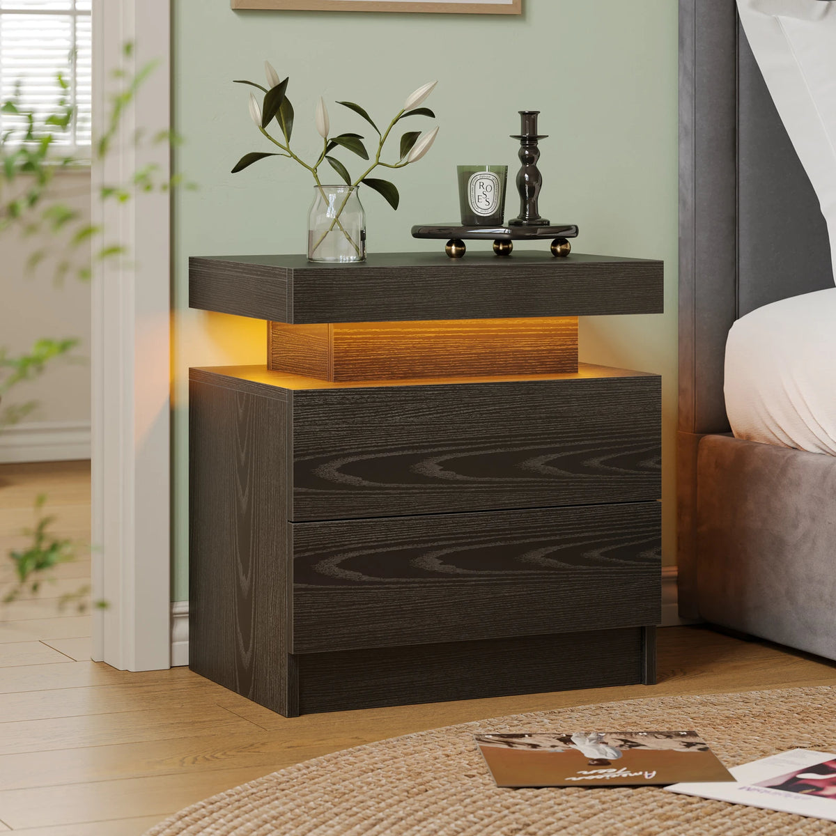 Cubehom Wooden Led Nightstand With Two Drawers And Rgb Lights