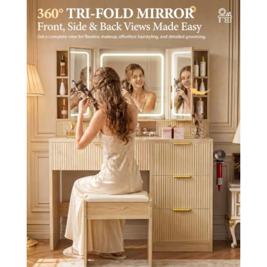 Vanity Desk With 3-Way Mirror And Lights 6 Drawers