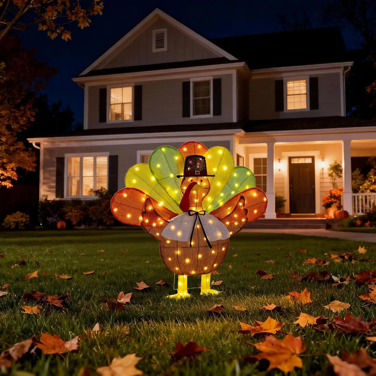 SHXI Lighted Thanksgiving Turkey Decoration With Pilgrim Hat Bow Tie