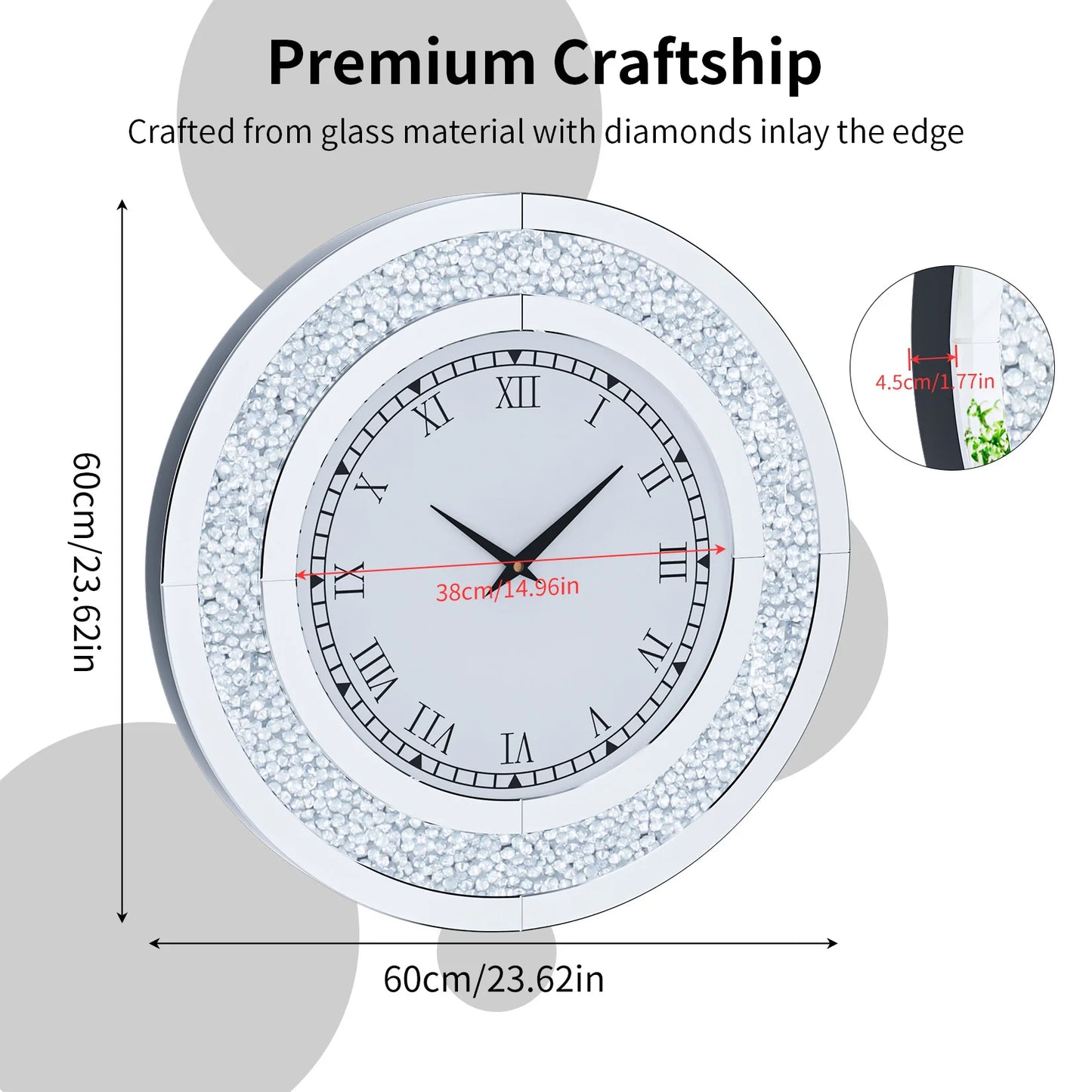 Round Mirror Clock With Crystal Sparkle Wall Decoration