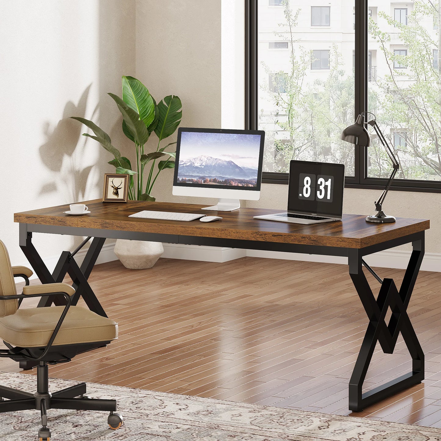 Tribesigns Industrial Executive Desk With Thick Tabletop And Metal Frame