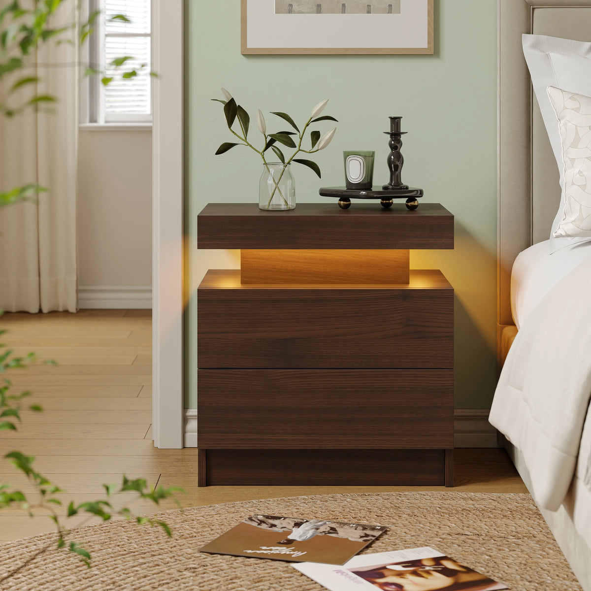 Cubehom Wooden Led Nightstand With Two Drawers And Rgb Lights
