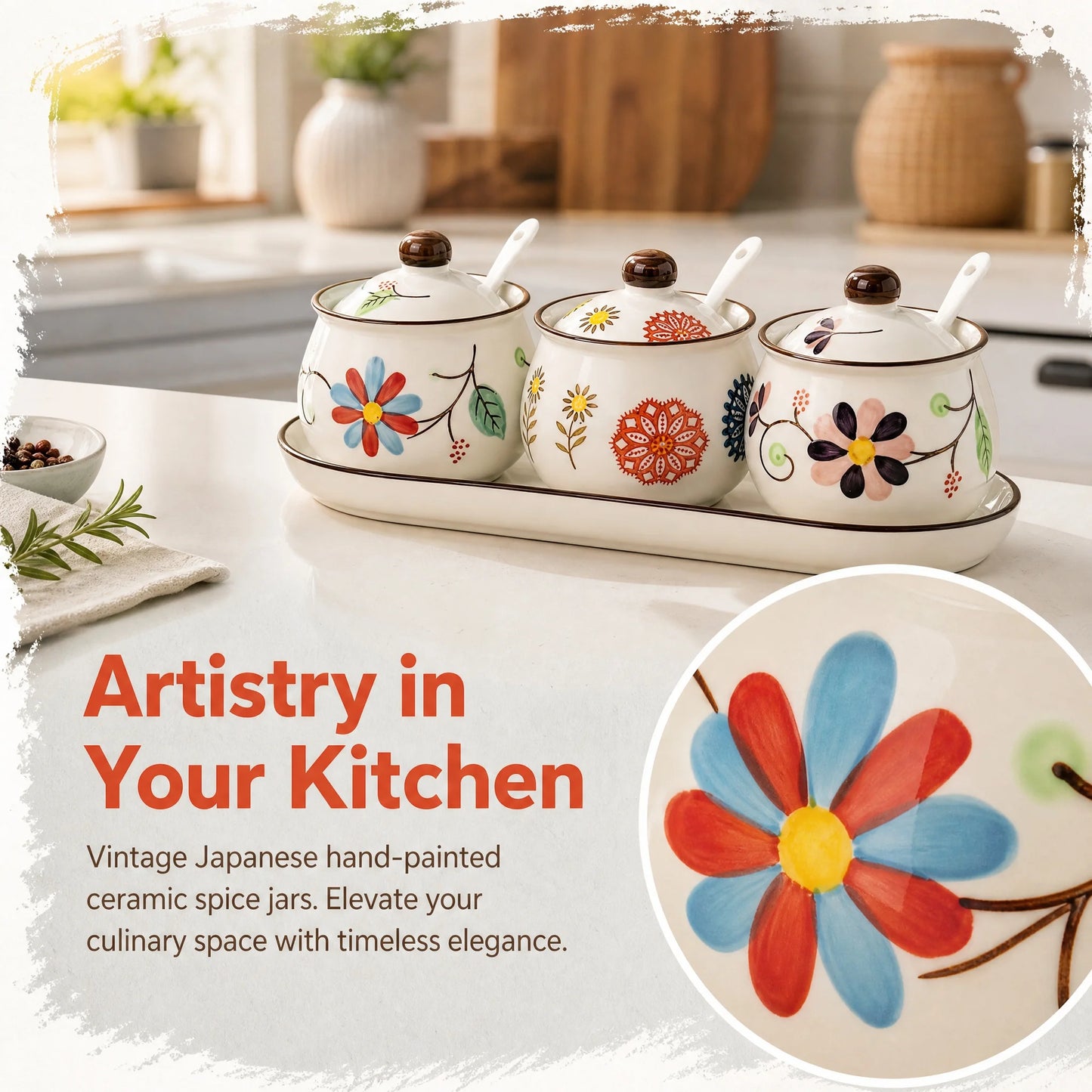 Hand-Painted Ceramic Spice Jar Set With Tray, Vintage Japanese Style