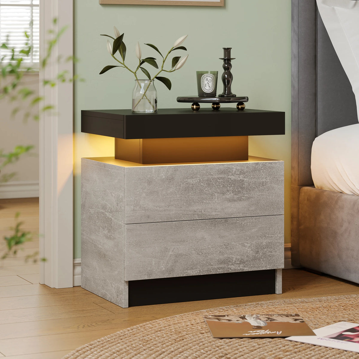 Cubehom Wooden Led Nightstand With Two Drawers And Rgb Lights