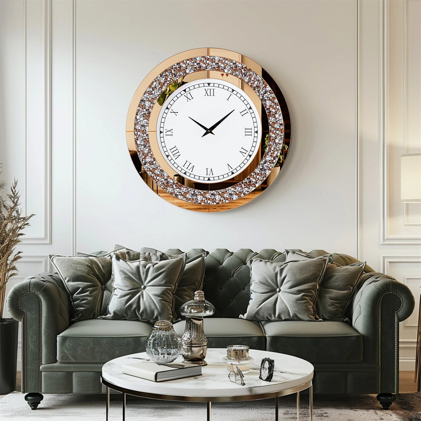 Round Mirror Clock With Crystal Sparkle Wall Decoration