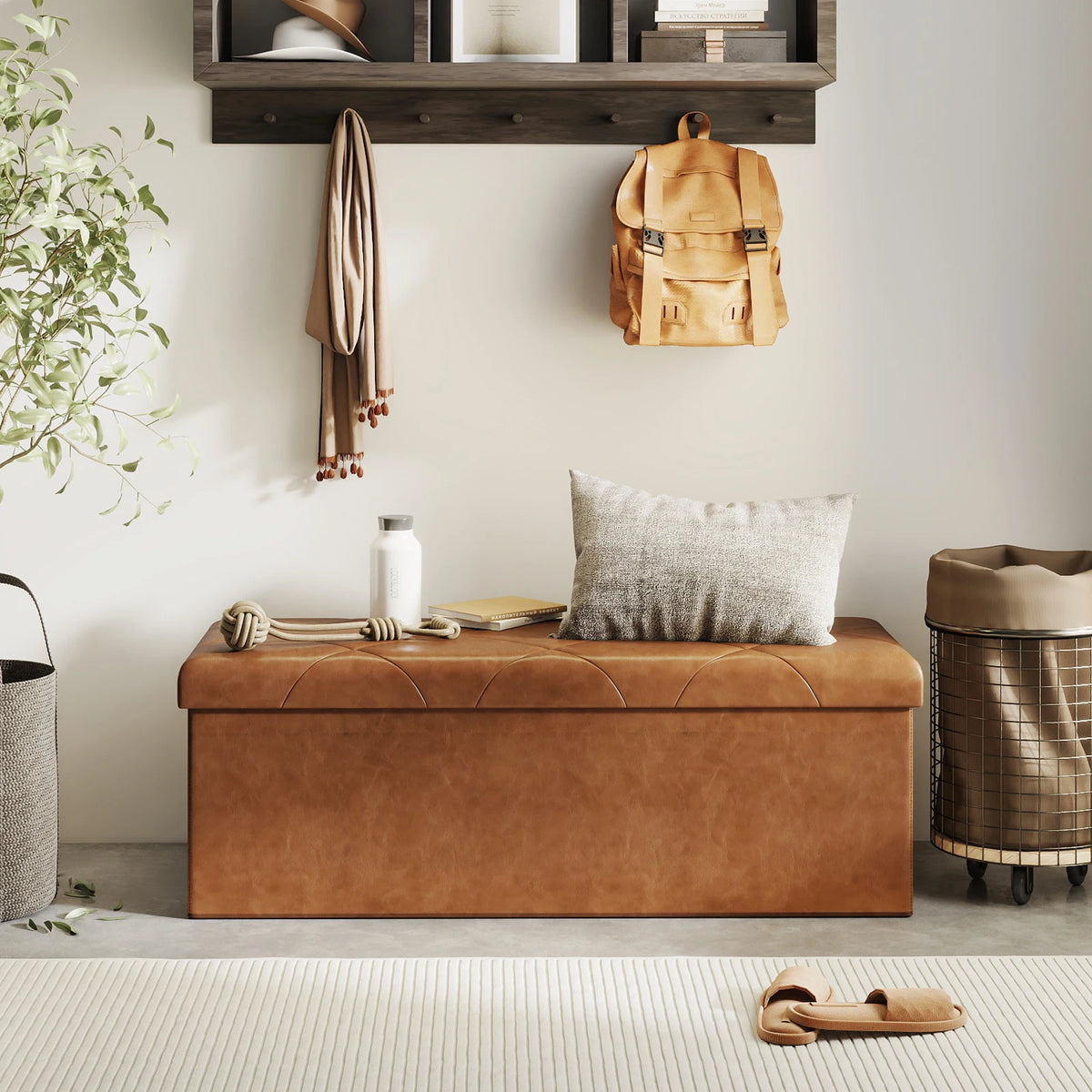 Sturdy Tufted Faux Leather Folding Storage Bench Ottoman
