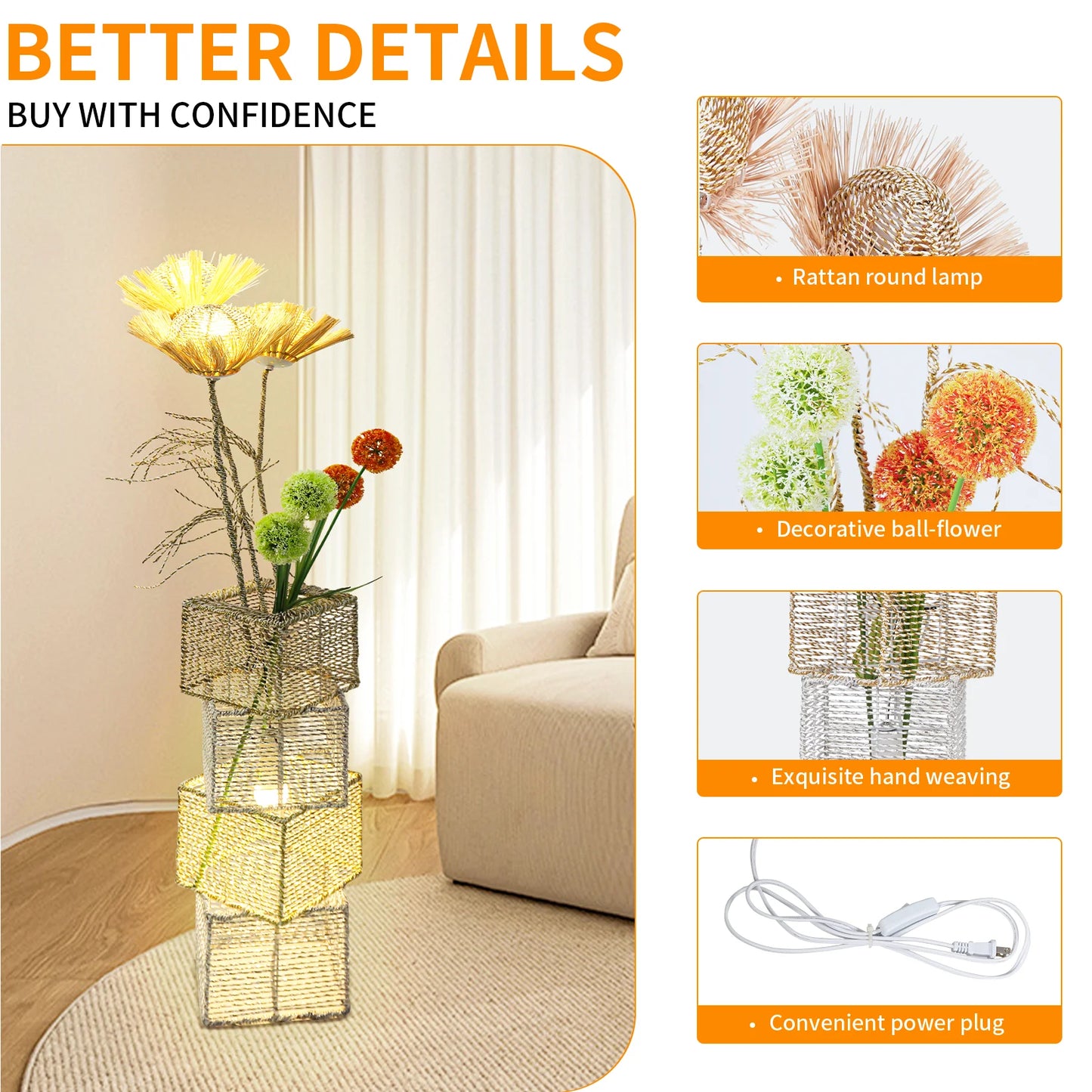Modern Rattan Floor Lamp Dimmable LED Night Light Living Room