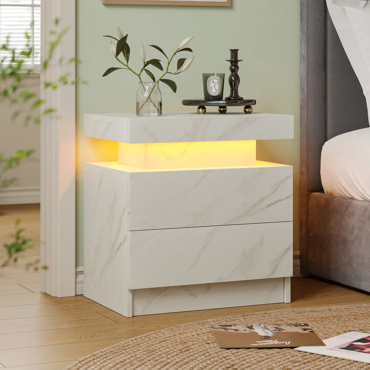 Cubehom Wooden Led Nightstand With Two Drawers And Rgb Lights