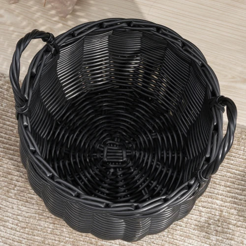 Round Resin Woven Wicker Storage Basket With Durable Handles