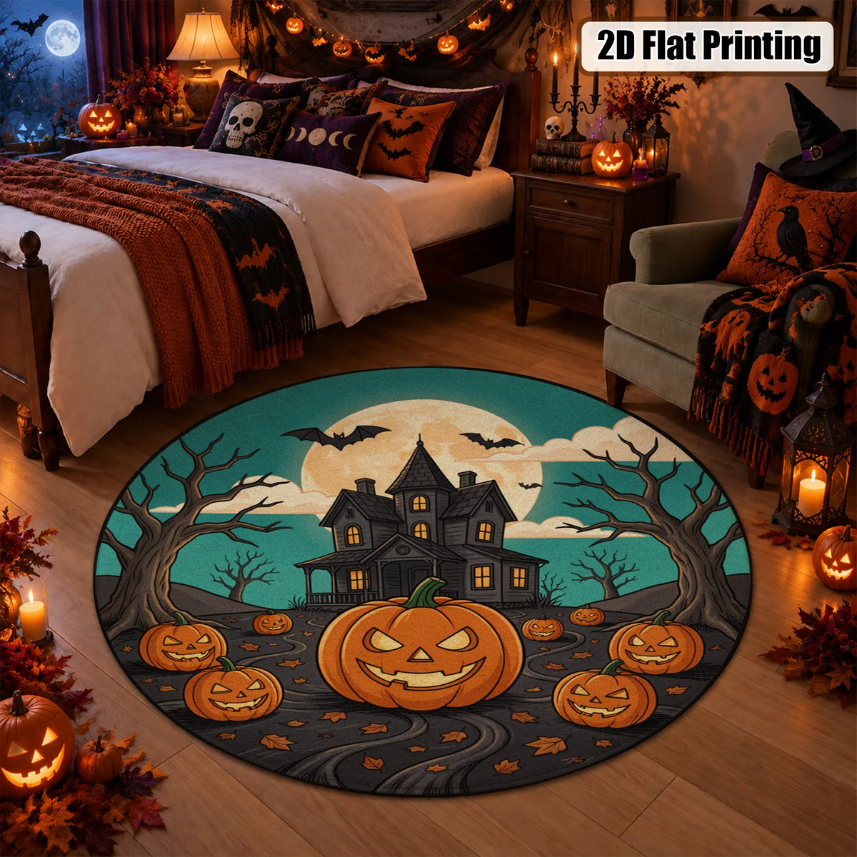 Halloween Haunted House Pumpkin Bat Washable Velvet Area Rug