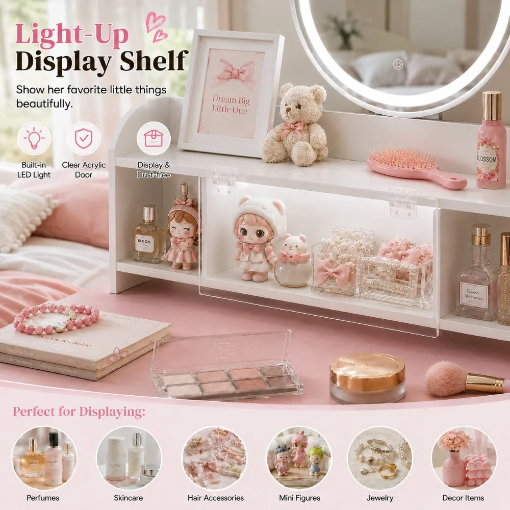 Wooden LED Vanity Desk Set With Mirror And Storage Stool