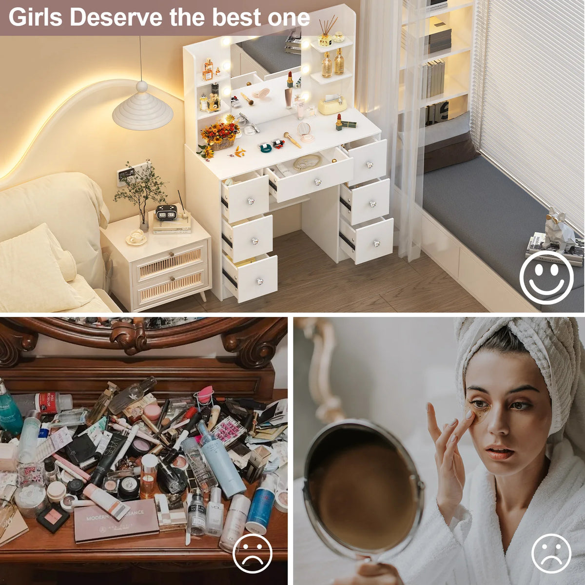 OnesaiMei Wooden Vanity Table With LED Mirror And Seven Drawers