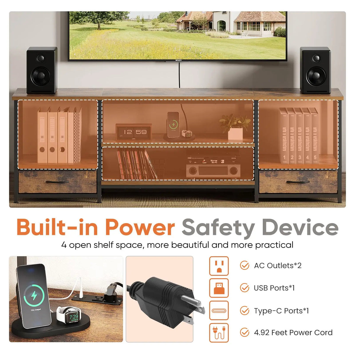 JHK Wooden TV Stand With Adjustable Shelf And Media Console