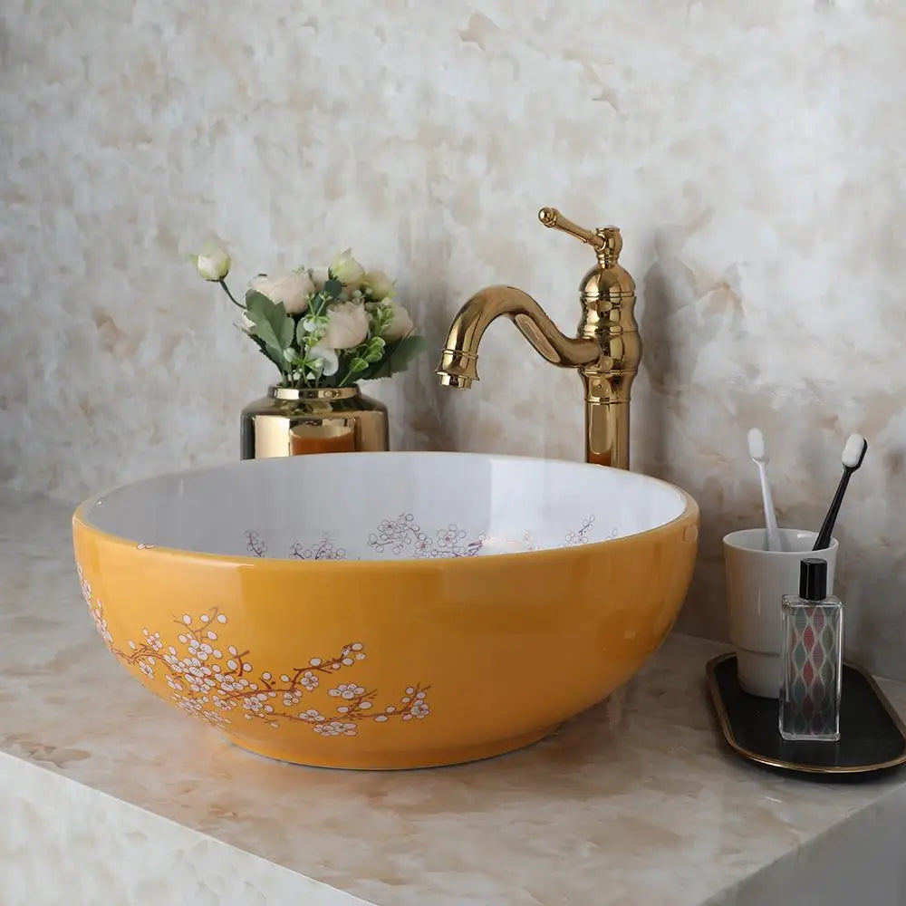 Yanksmart Ceramic Bowl Bathroom Basin Set With Antique Faucet