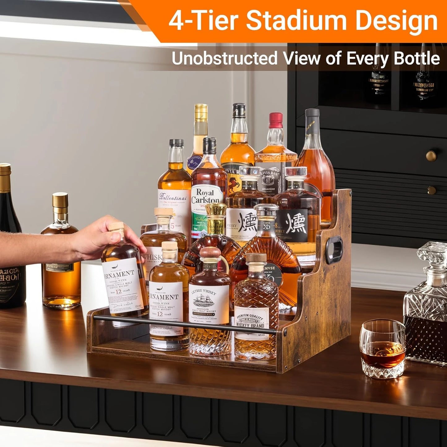 Liquor Bottle Display Shelf 4 Tier Stadium Rack For Home Bar