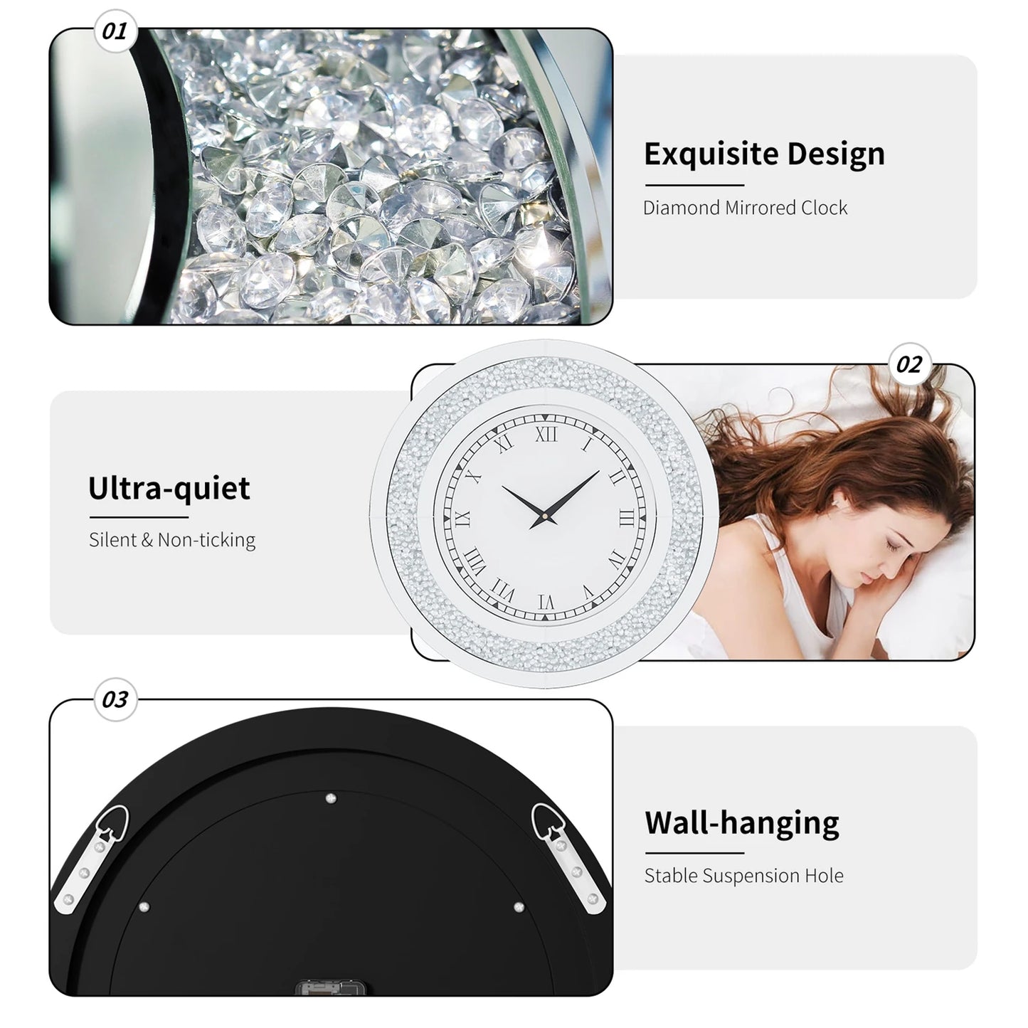 Round Mirror Clock With Crystal Sparkle Wall Decoration