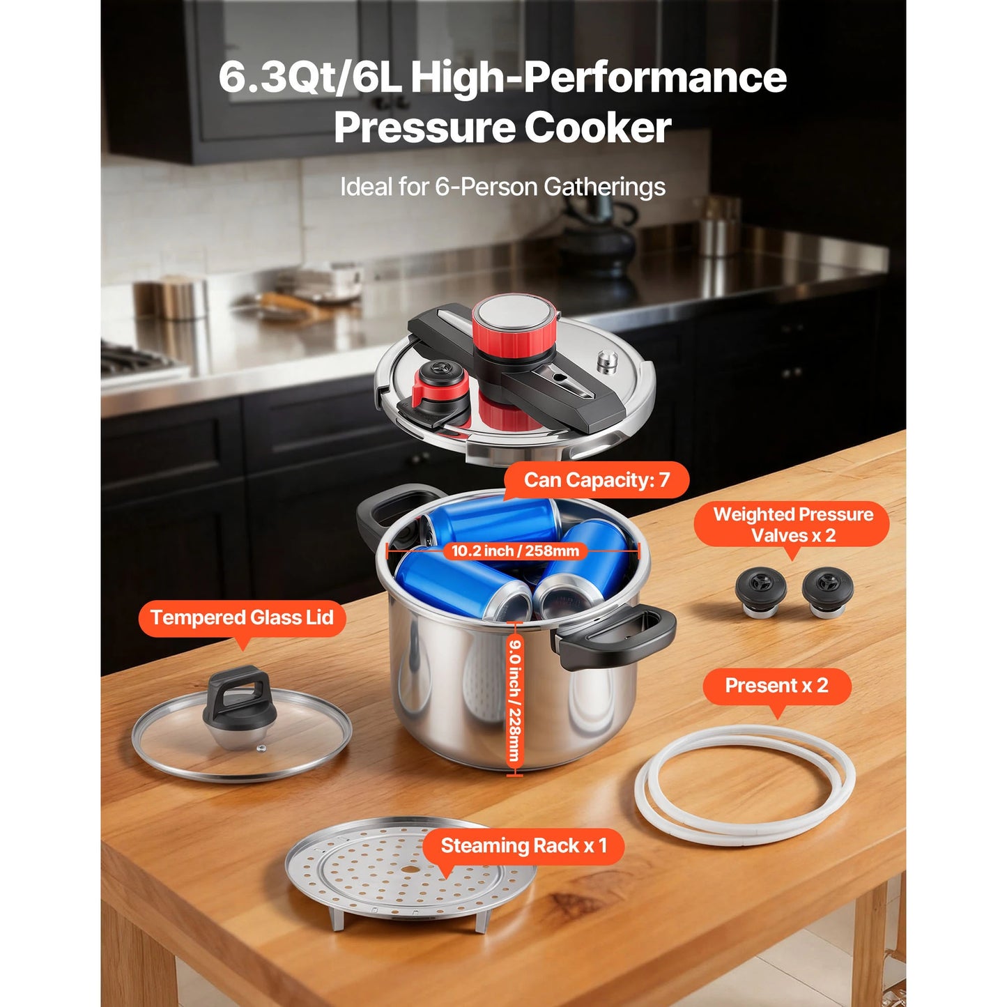 SucceBuy Stainless Steel Pressure Cooker With Steaming Rack Tempered Glass Lid