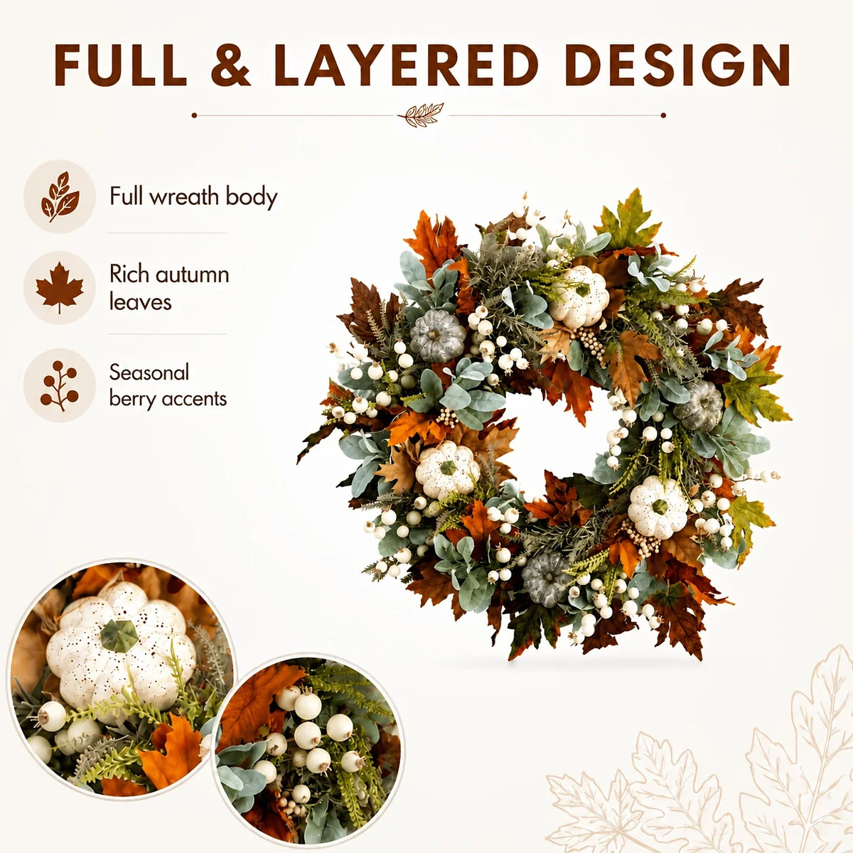 Artificial Peony And Pumpkin Wreath With Leaves And Berries