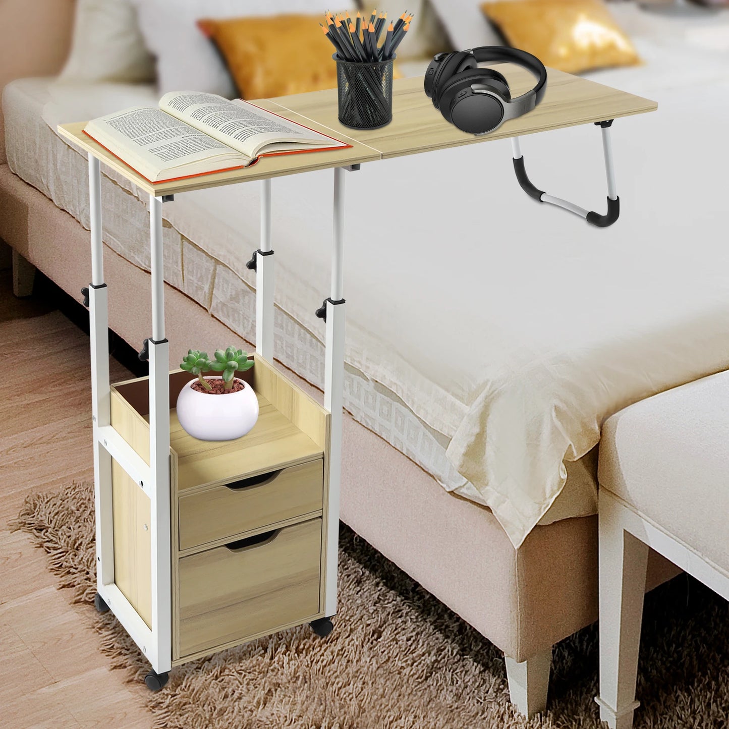 Bymaocar Foldable Laptop Desk With Wheels Bedside Height Adjustment