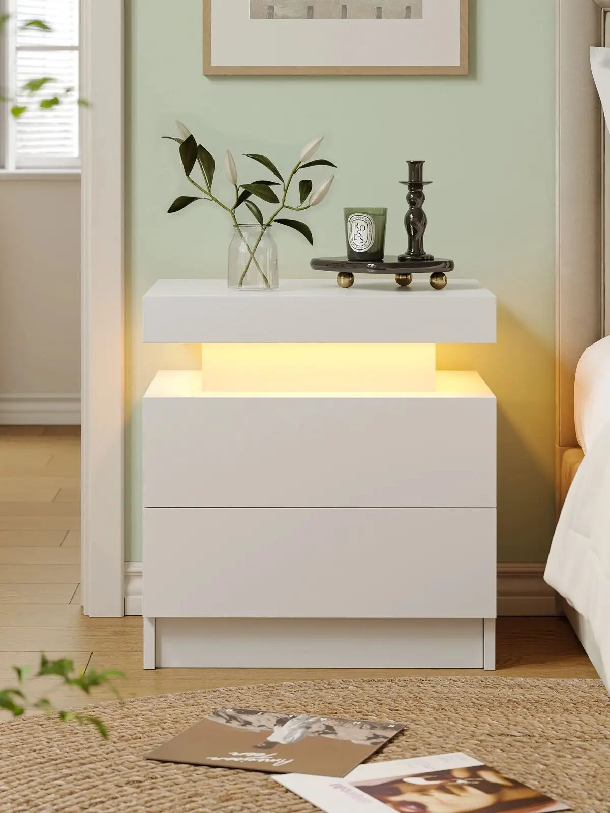 Cubehom Wooden Led Nightstand With Two Drawers And Rgb Lights