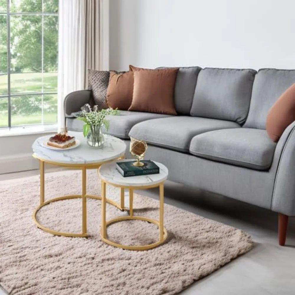 Xiuwo Nesting Coffee Tables Set White Marble Pattern Golden Frame