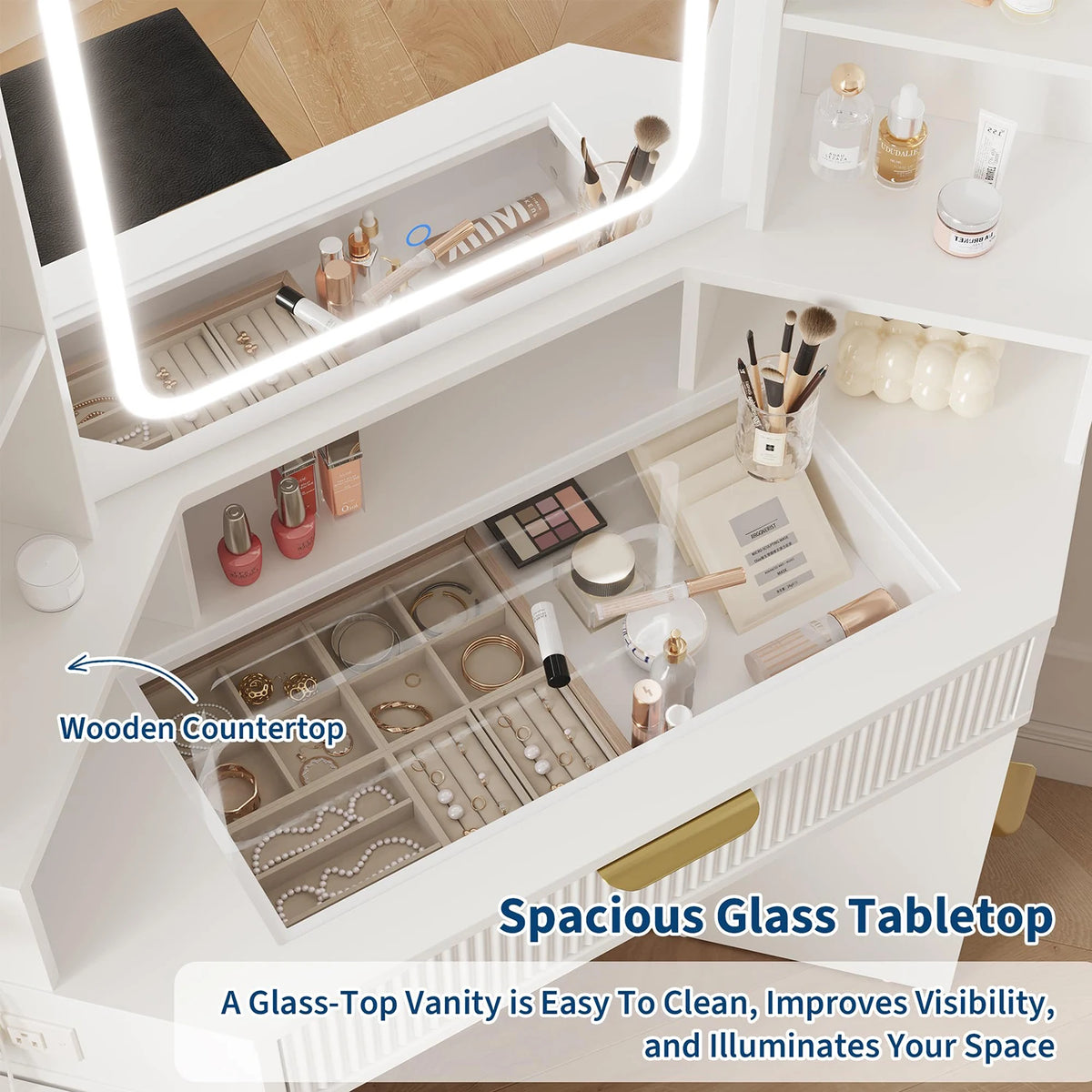 HiMISS Corner Vanity Desk With LED Mirror And Charging Station