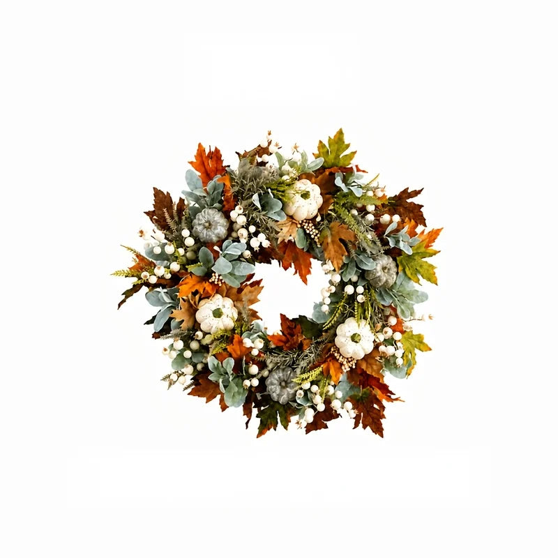 Artificial Peony And Pumpkin Wreath With Leaves And Berries