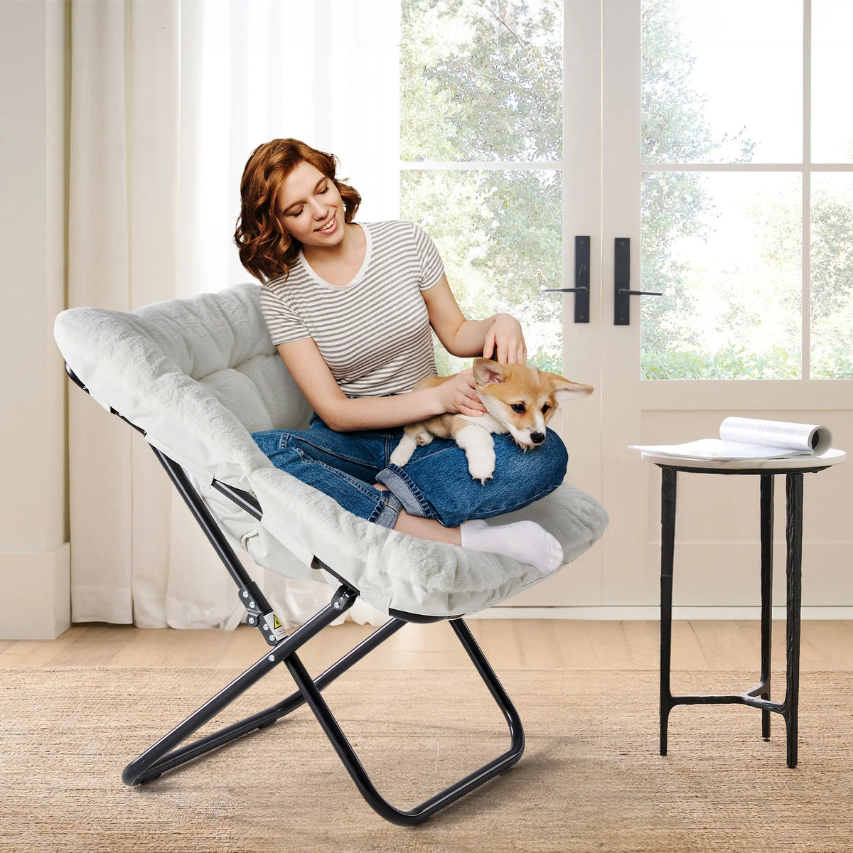JHK Foldable Swivel Saucer Chair With Padded Fabric Seat